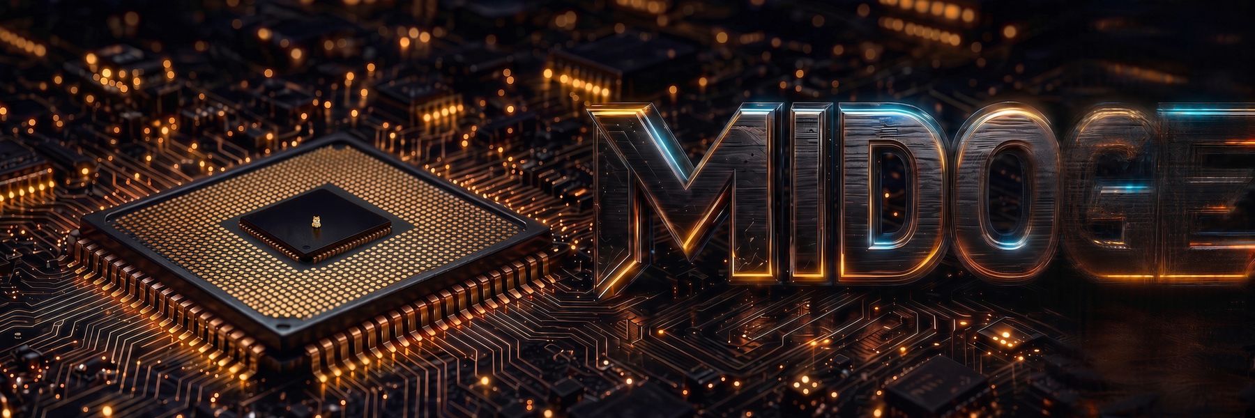 Micro Doge lying on a processor beside a metal MIDOGE wordmark